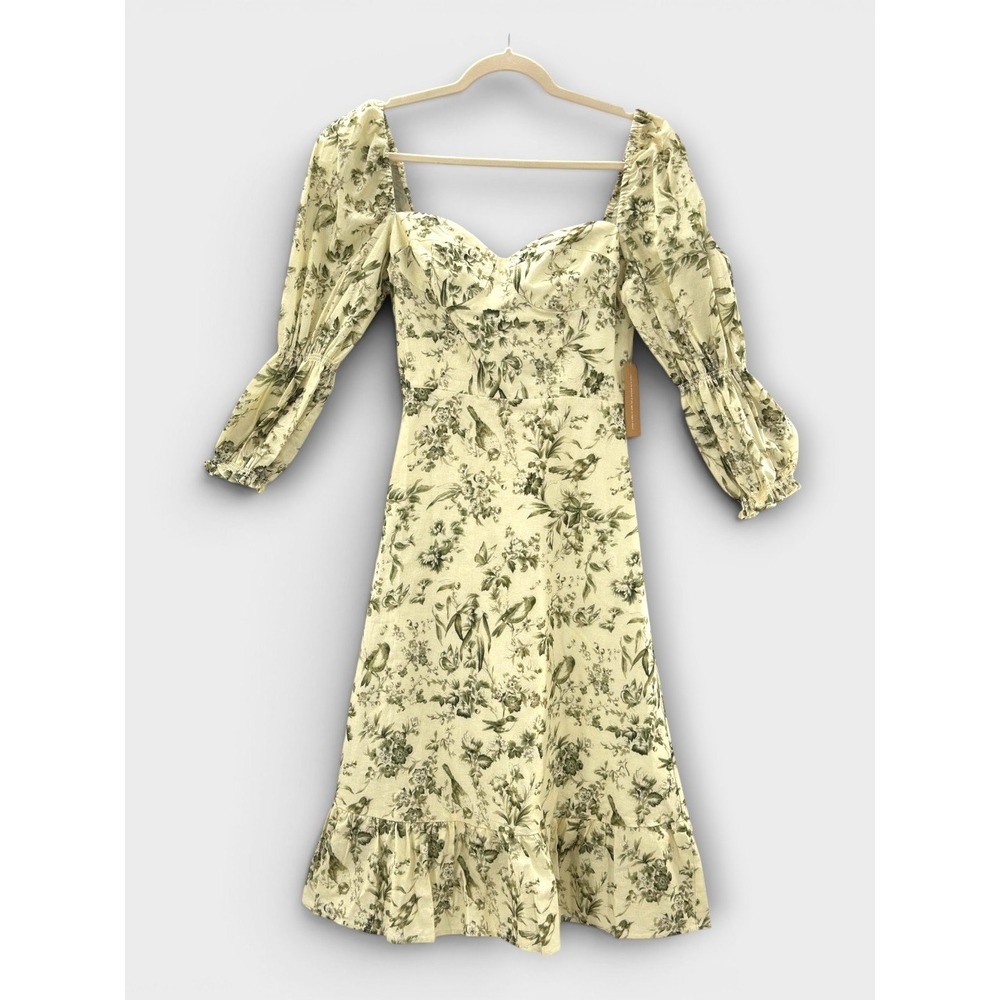 Antrhopologie O.P.T. Toile Bird Print Midi Dress Size 8 Cream Green Prairie NWT